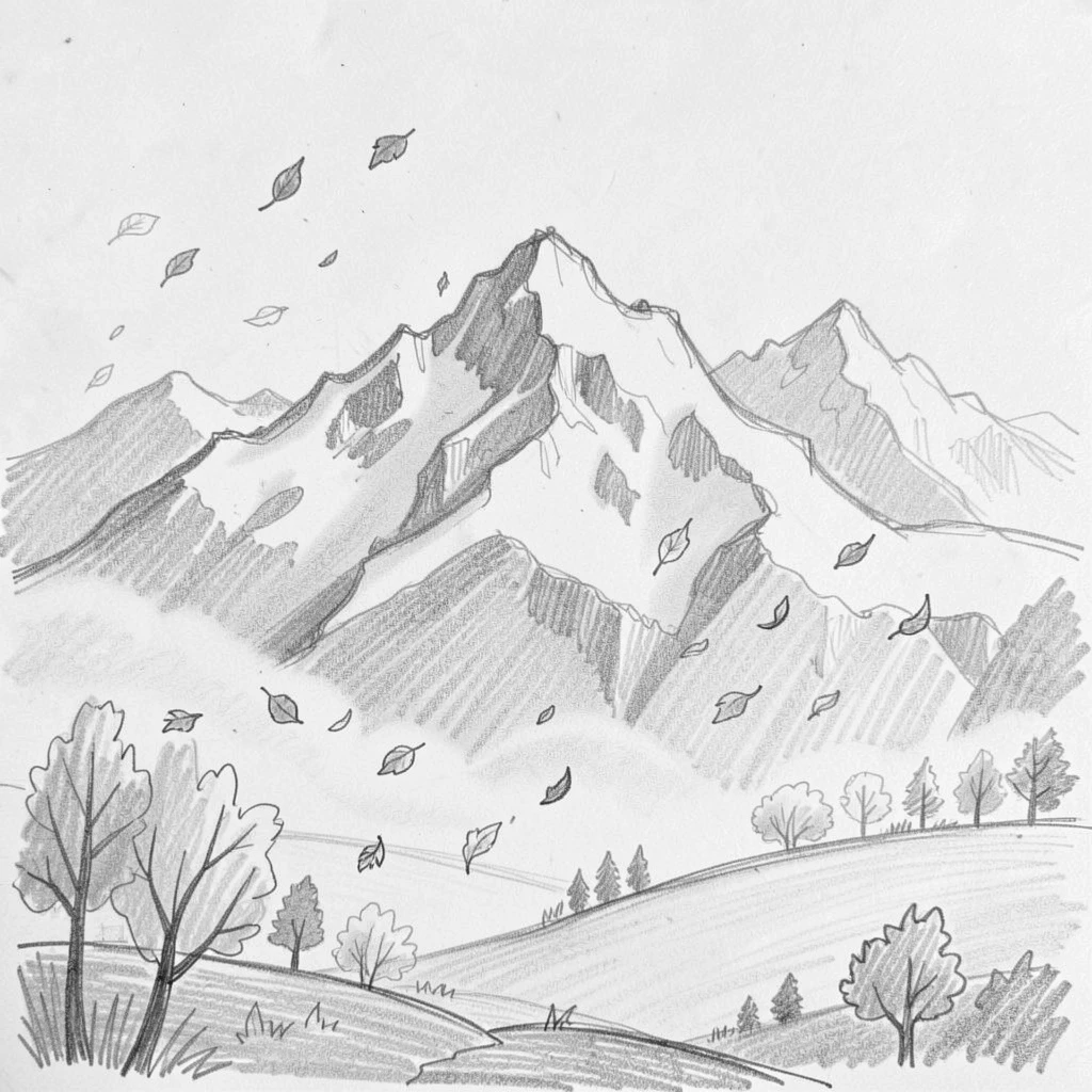 Sweeping landscape of a snow-capped mountain range wrapped in soft morning mist, with autumn leaves drifting on the breeze.
