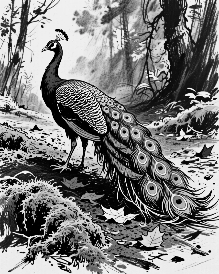 A peacock exploring a moss-covered forest floor.
