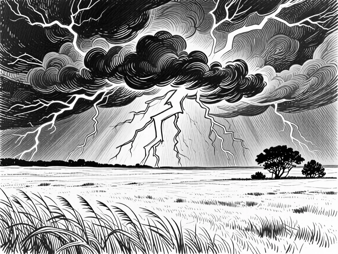 A dramatic thunderstorm rolling over an open prairie, lightning splitting the sky.