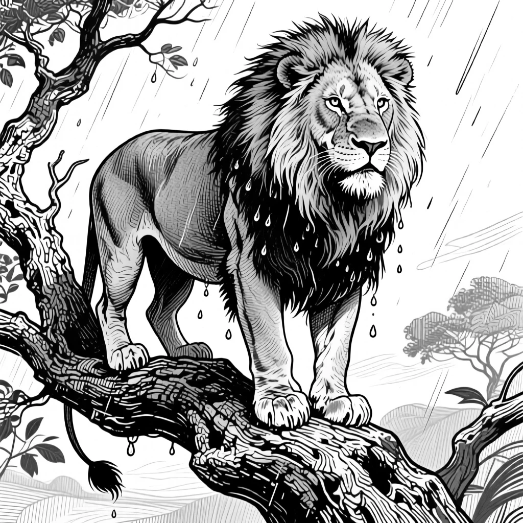 A majestic lion atop a weathered tree branch, with droplets of water clinging to its coat, capturing a wild and free moment in nature with a strong, centered focal point.