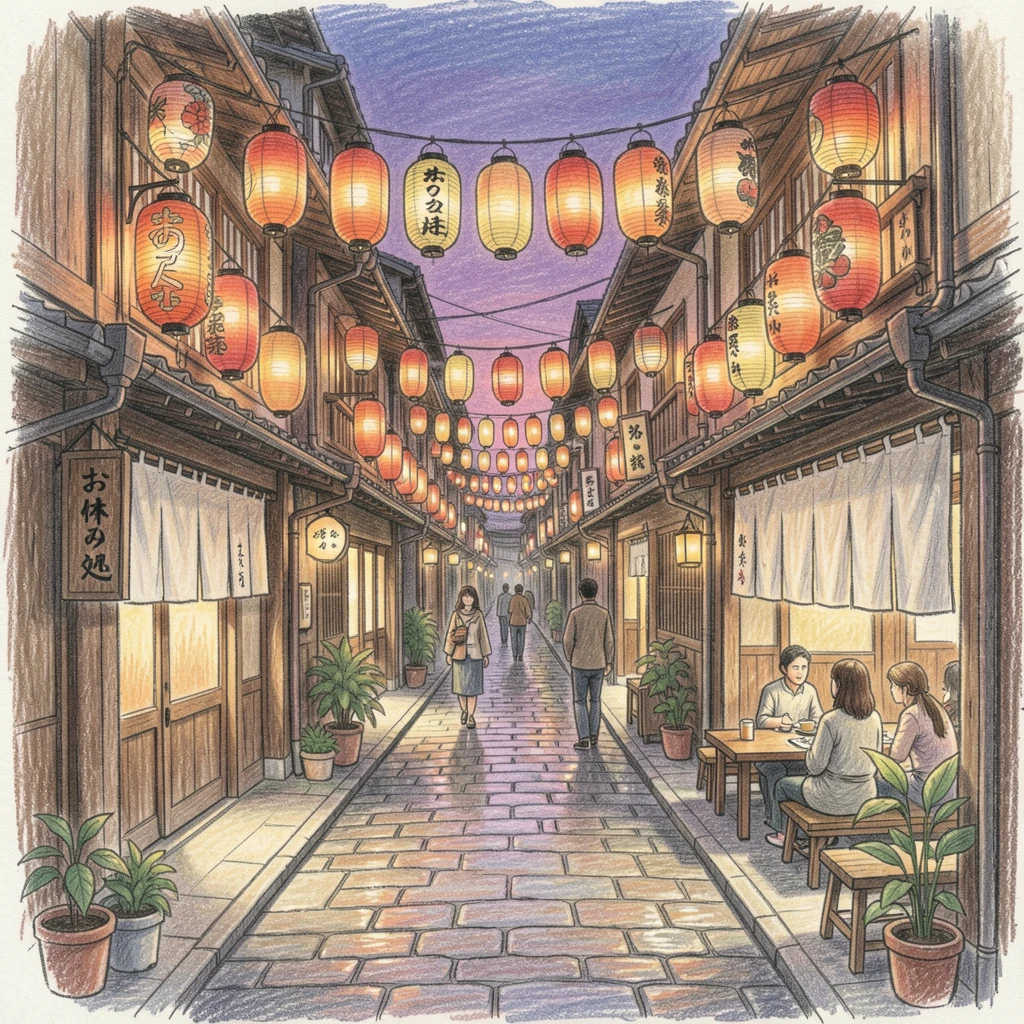 A quiet alley in Kyoto lined with glowing paper lanterns, bustling gently with quiet everyday life, designed to inspire dreams of travel and adventure.