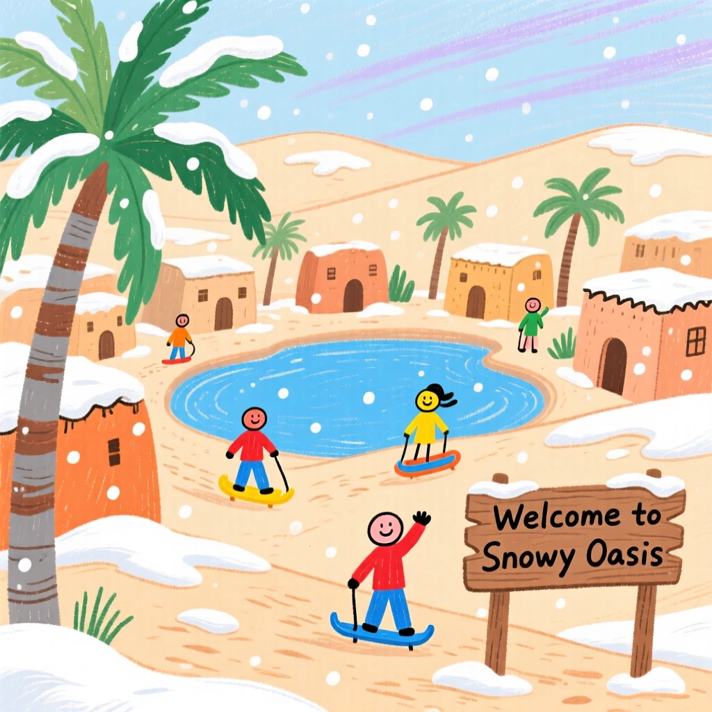 A view of a desert oasis town blanketed in a light dusting of fresh snow.