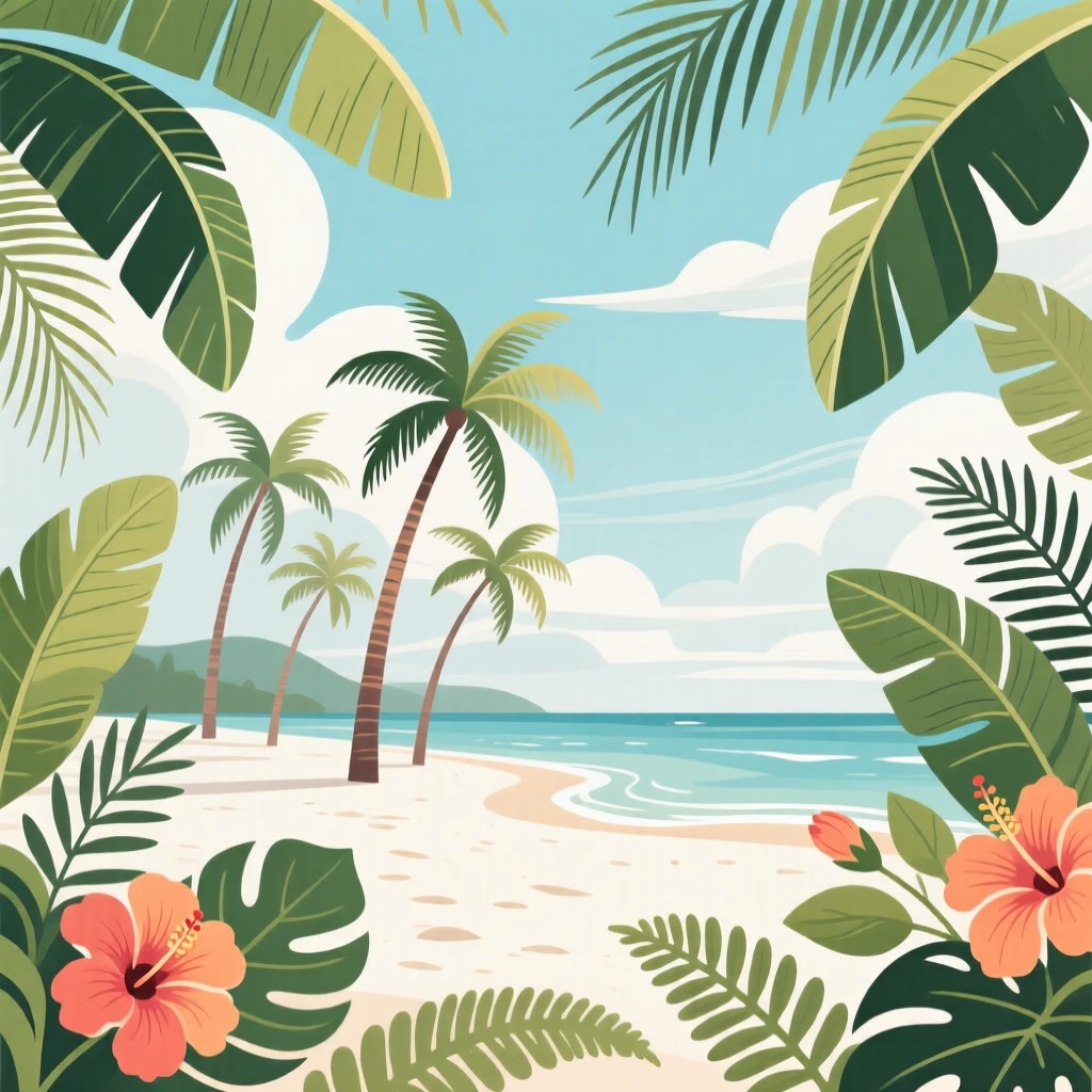 A cluster of palm trees swaying over a white sand beach, beneath a canopy of drifting clouds, composed with soft natural framing from surrounding foliage, with delicate textures visible in every leaf and petal.