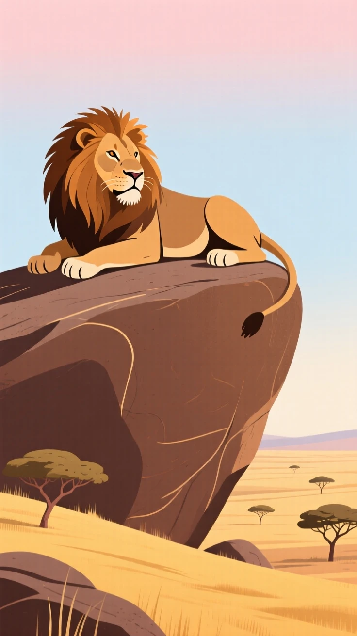A majestic lion resting on a hillside boulder overlooking the savanna.
