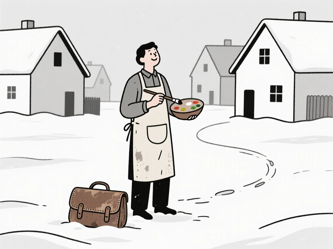 An artist preparing a meal in a snowy village square, surrounded by a worn leather satchel, conveying hopeful anticipation.
