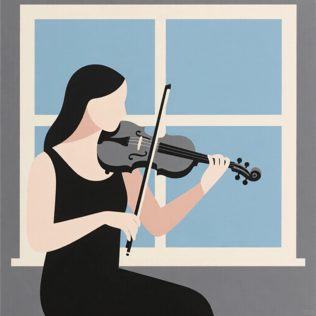 A woman practicing violin by a window