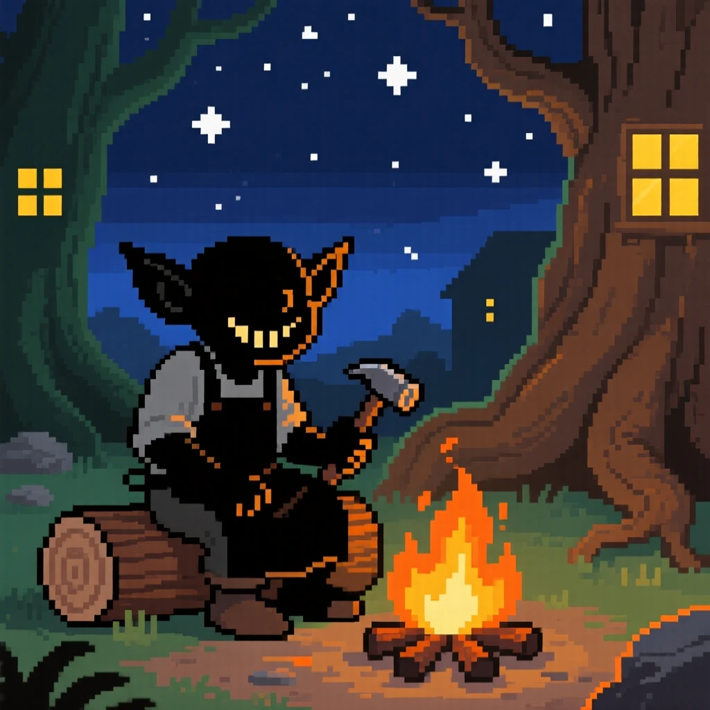 A cheerful goblin blacksmith resting beside a campfire under the stars, in a village built into giant tree roots.