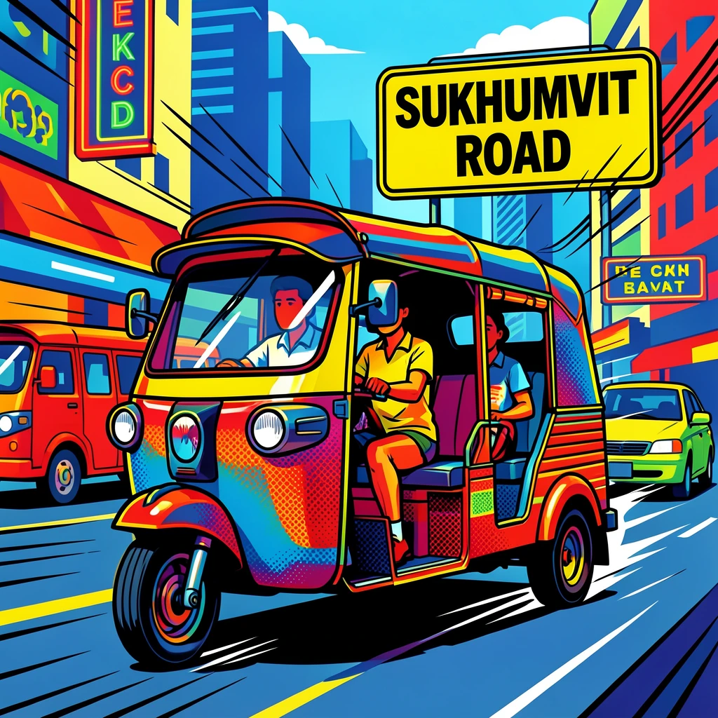 An elaborate tuk-tuk weaving through a busy Bangkok street