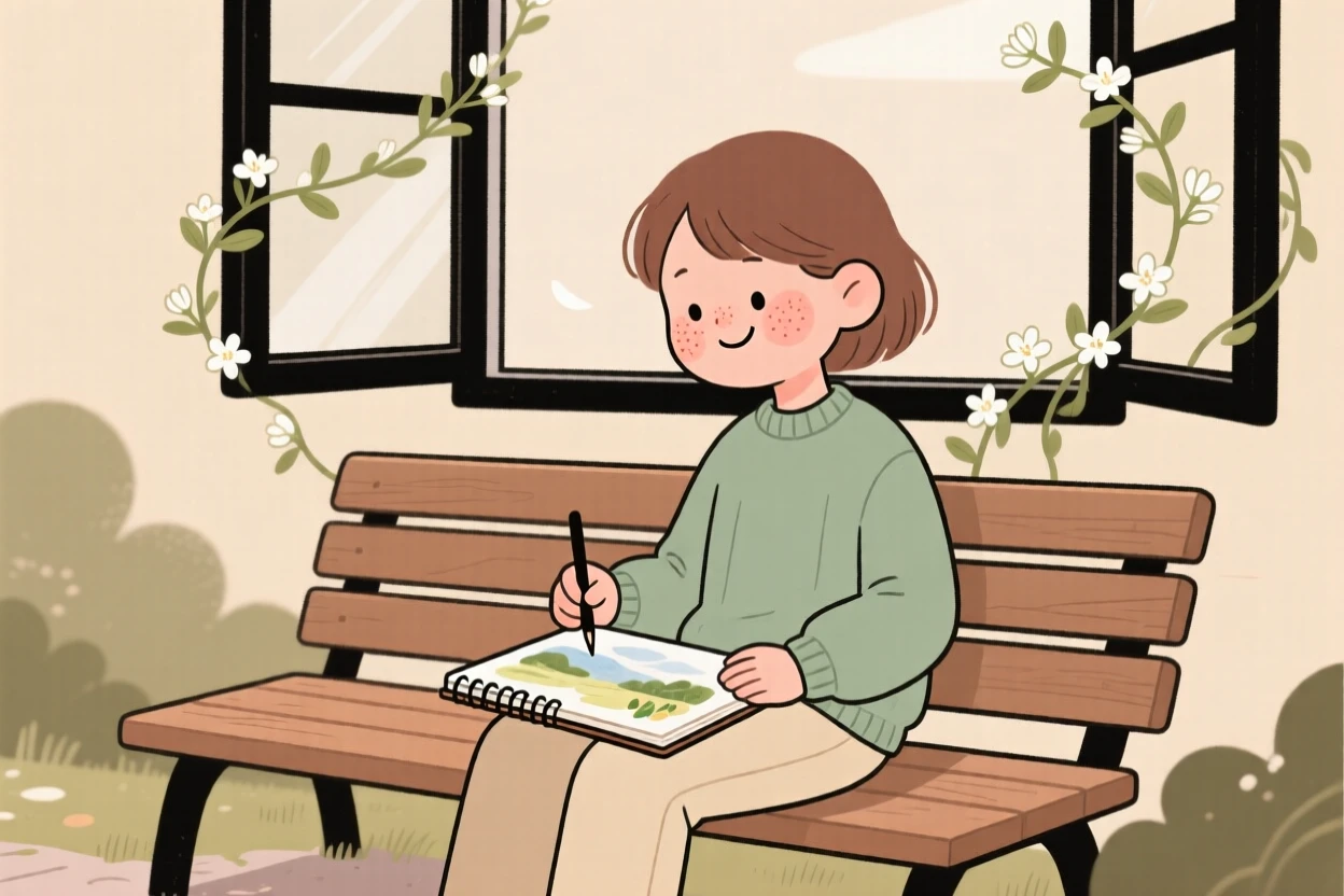 A quiet reader sits on a park bench practicing a watercolor landscape, fully absorbed as the scent of blooming jasmine drifts through the open window.