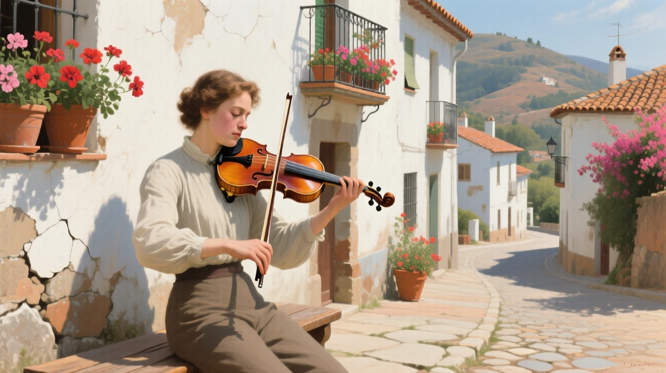 A well-framed scene of a violinist pausing mid-performance, eyes closed in concentration, in a Spanish hill town, at midday.