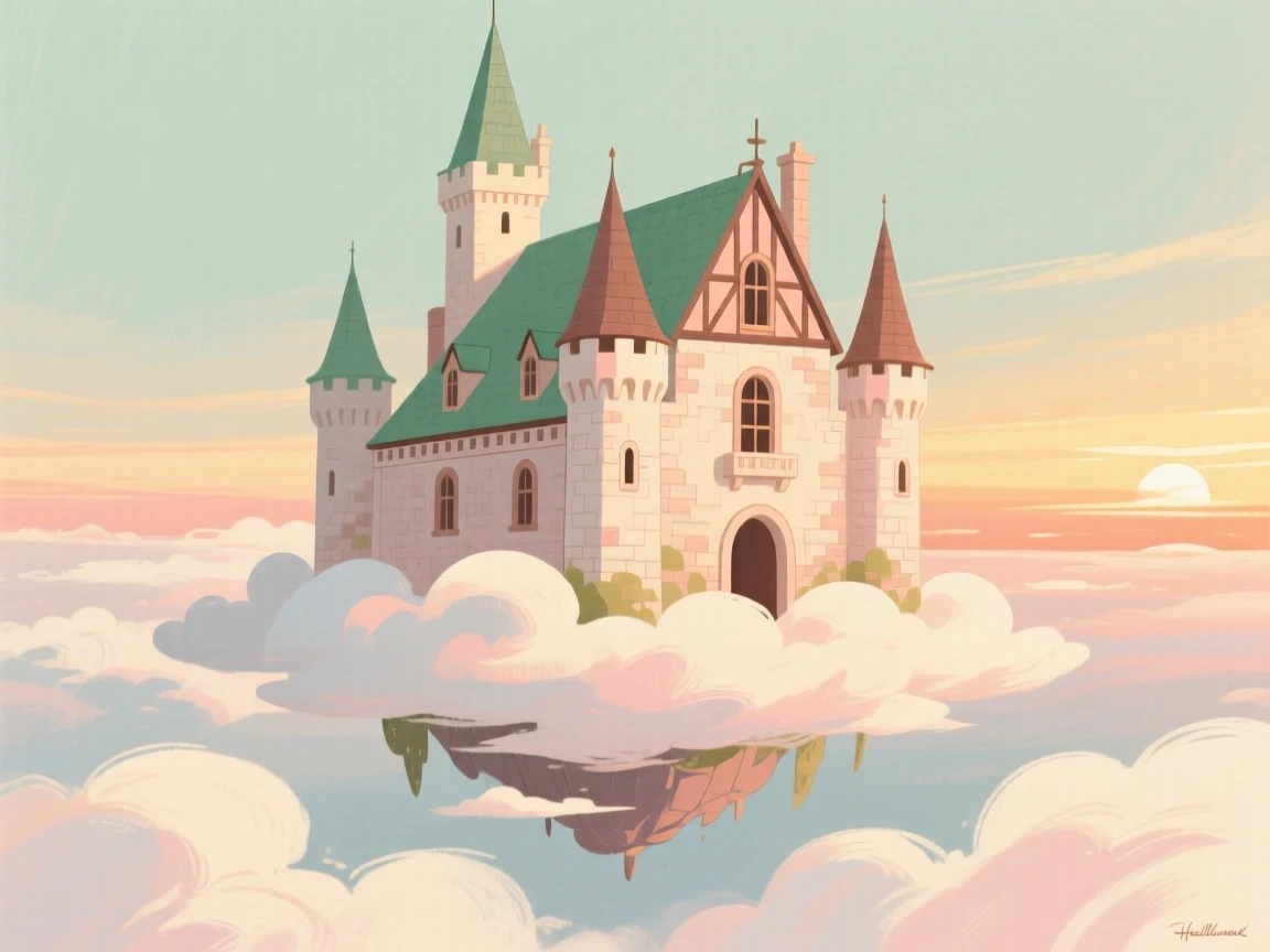 A castle floating gently above the clouds at sunset