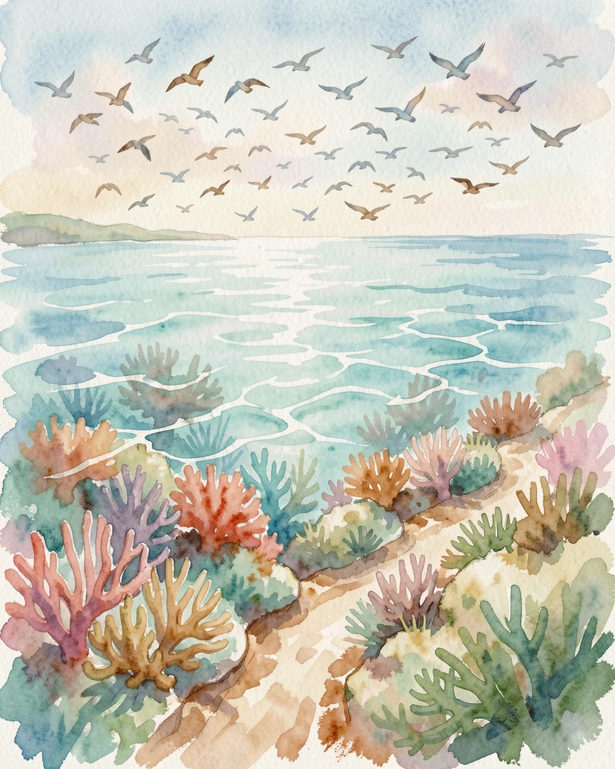 A coral reef seen from above the water under a sky full of migrating birds with a narrow dirt path leading into the distance.