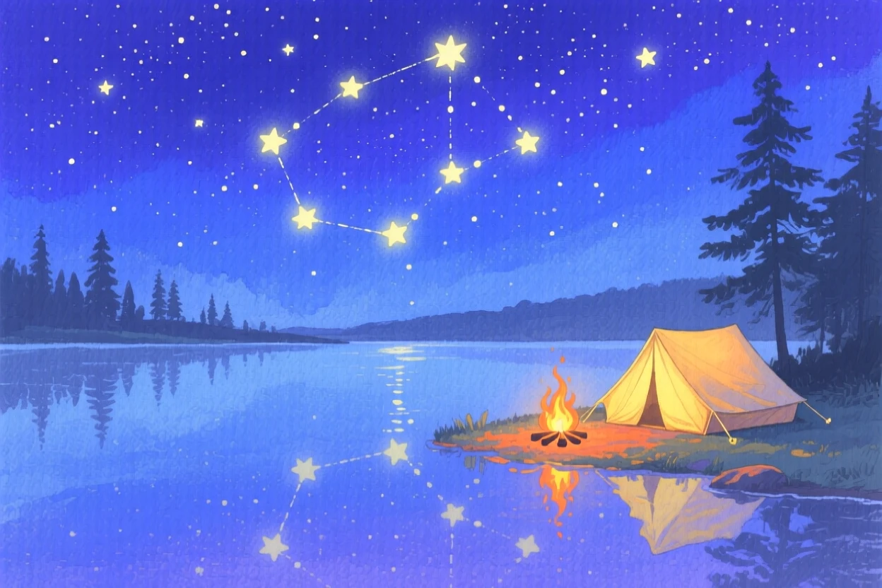 A starry night sky glows above a quiet campsite beside a crystal lake reflecting the entire constellation above