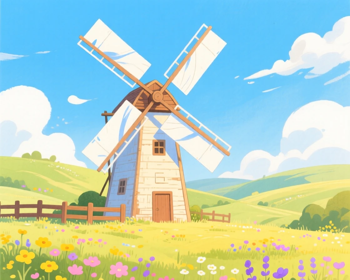 A farmhouse windmill turning in a summer breeze, peaceful and full of gentle motion.