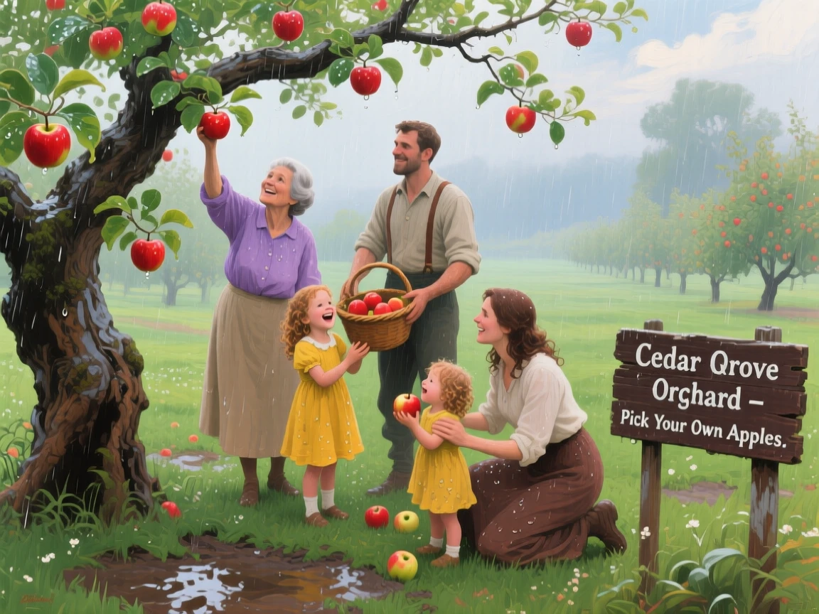 a family gathering apples in an old orchard, after a light spring rain, from an inviting eye-level viewpoint.