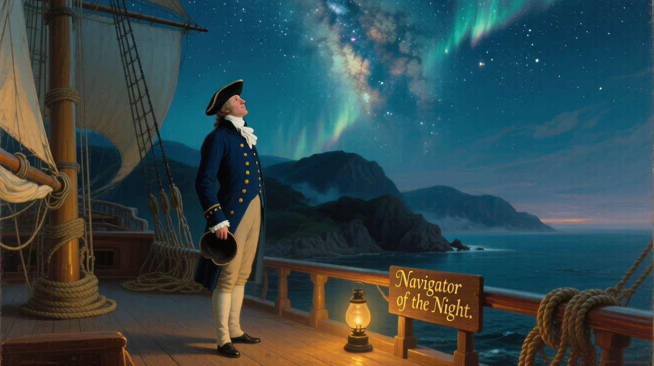A captain studies the stars from the deck of his ship at night.