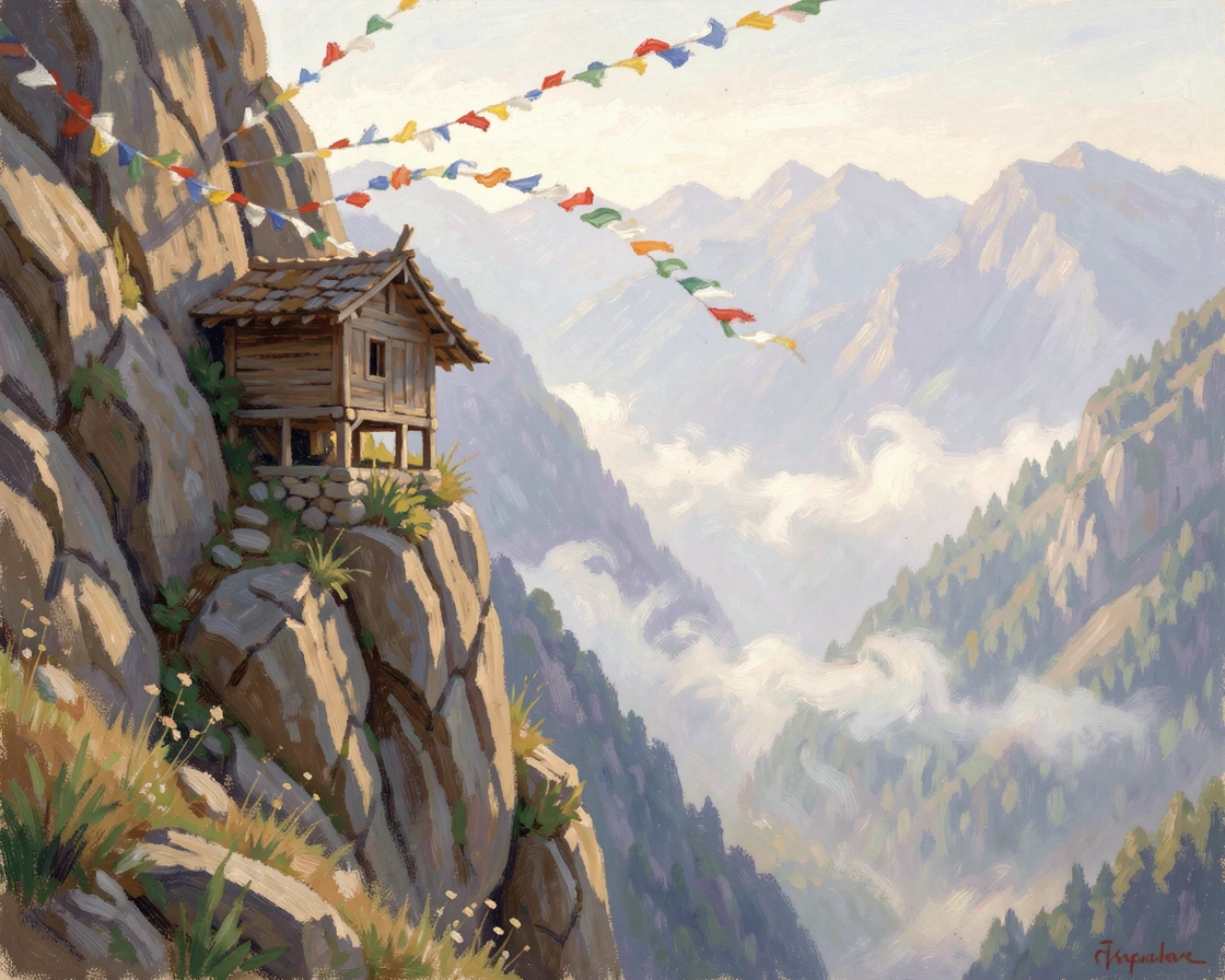 A quiet mountain hermitage clinging to a cliffside, prayer flags fluttering in the wind above a deep valley.