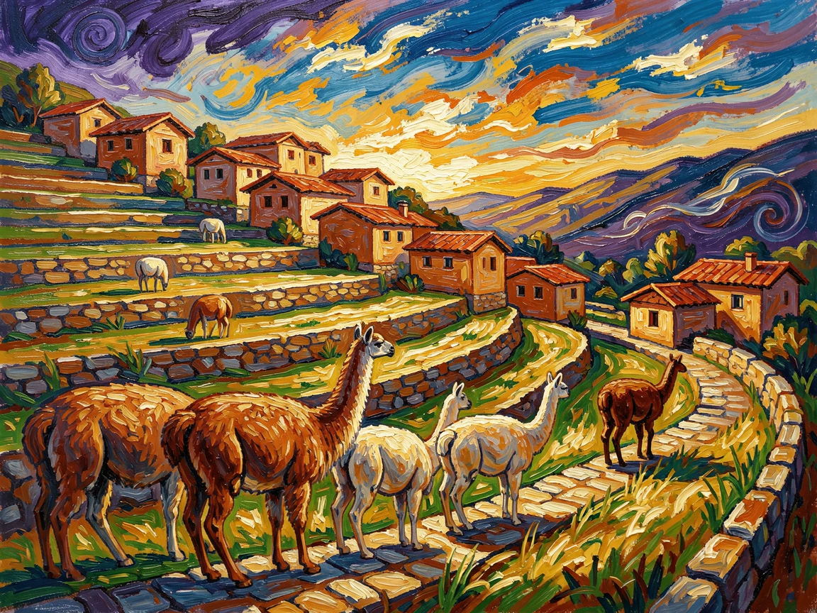 A hillside village in Peru with terraced fields and llamas grazing along stone paths.