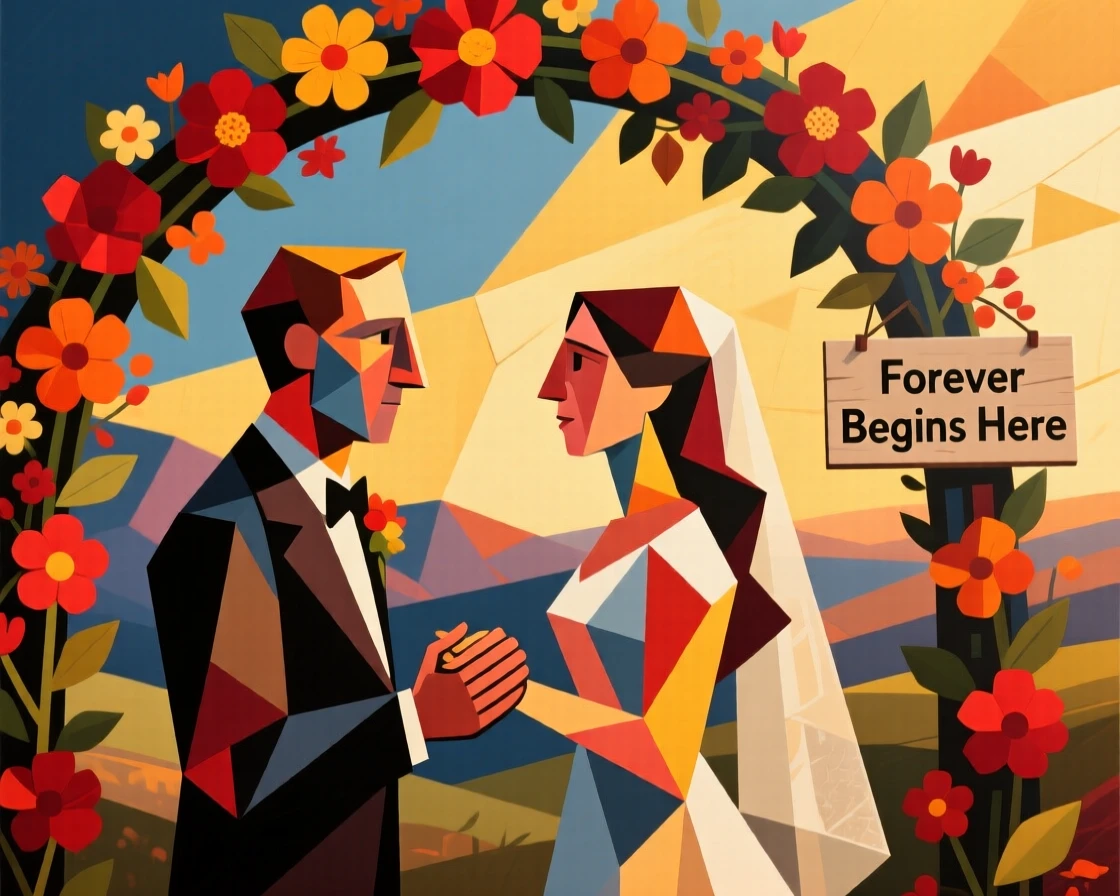 A couple exchanging vows beneath a flower-covered arch at golden hour.