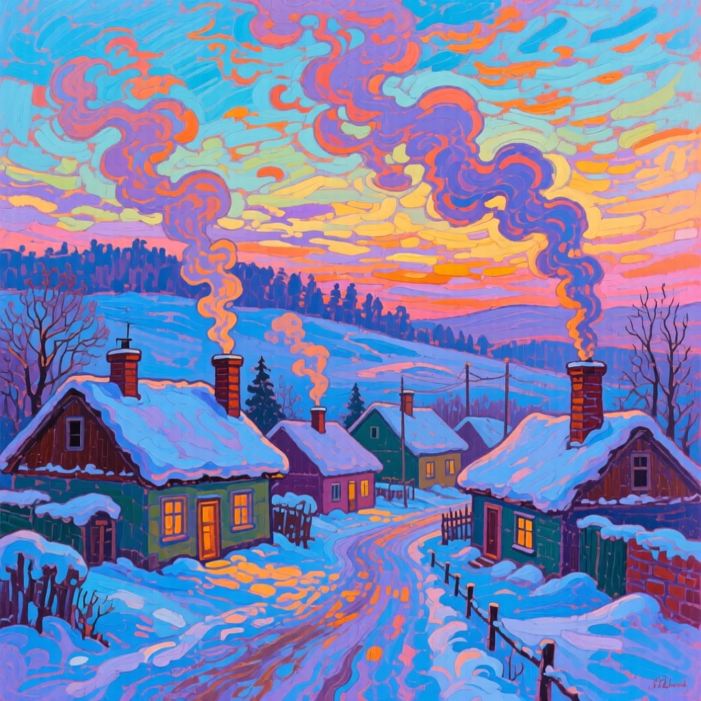 A quiet snow-covered village with smoke curling from chimneys under a twilight sky