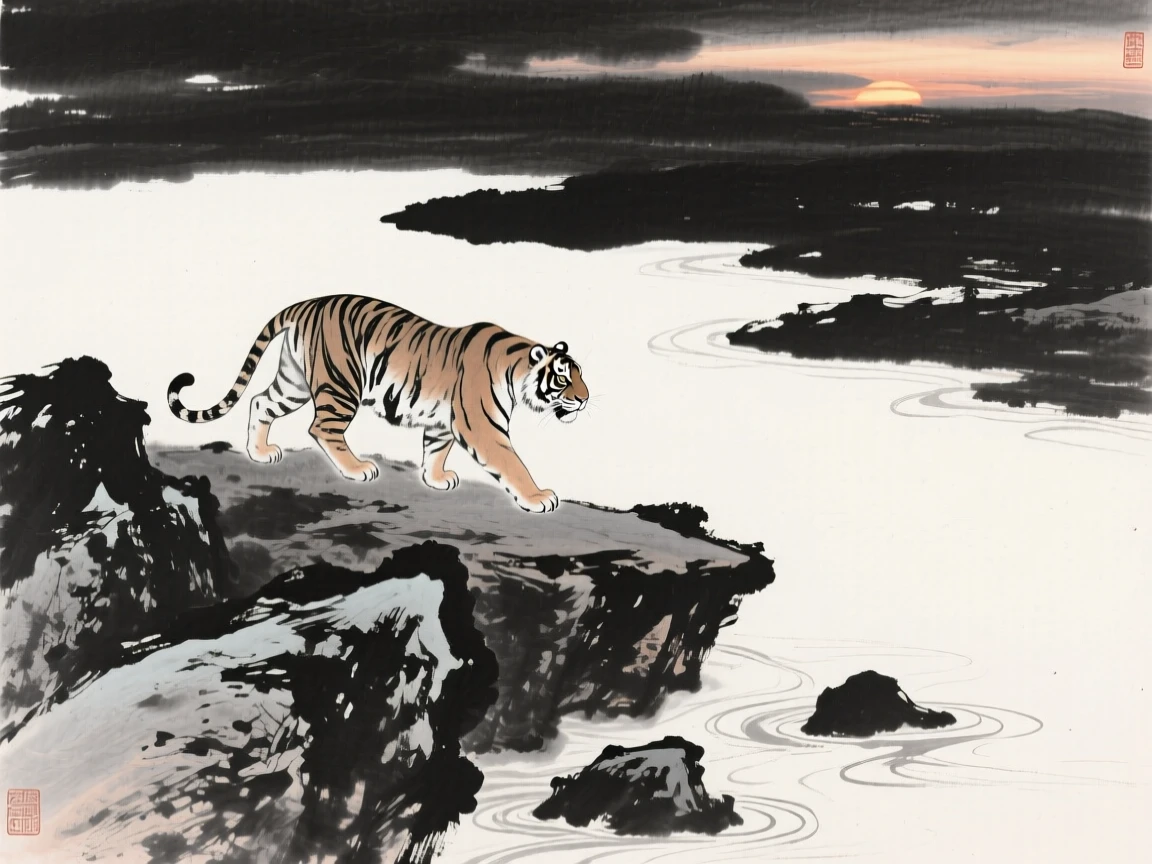 A tiger prowls silently along a rocky riverbank, as the last light of evening falls across the rocks.