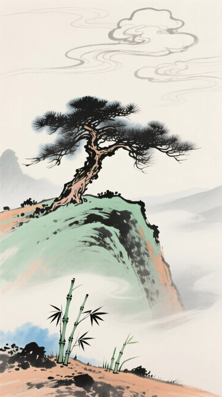 A solitary pine standing atop a windswept ridge, under drifting clouds, through swirling morning fog, as new bamboo shoots break through the soil.