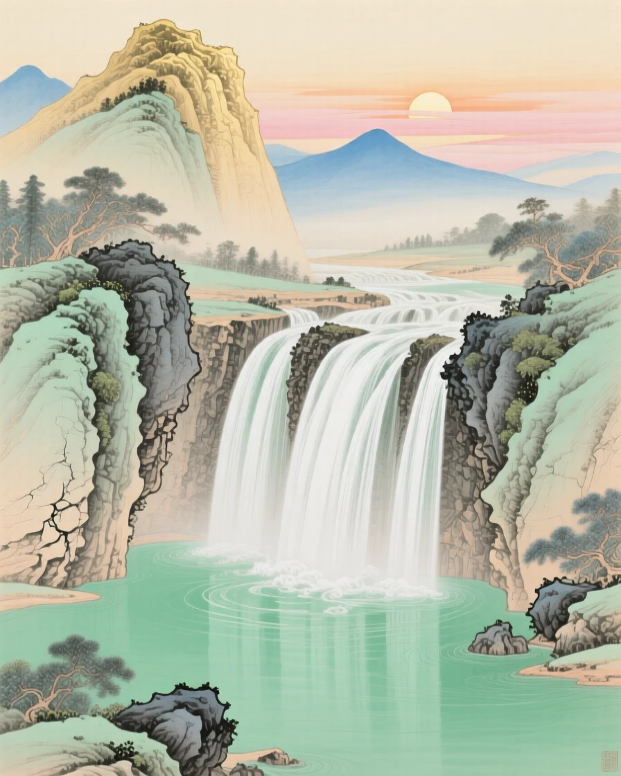 A waterfall cascading into a jade-green pool, with the first light of sunrise touching the highest peak