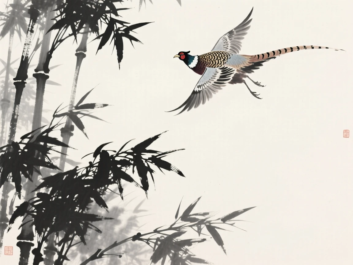 A pheasant soaring high against an open sky within a quiet bamboo grove, positioned in one corner, leaving airy negative space, capturing a fleeting moment of natural beauty.