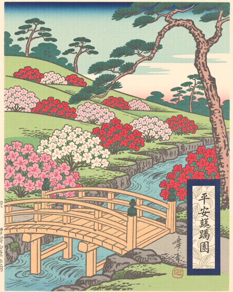 A terraced azalea garden, crossed by a simple wooden footbridge.