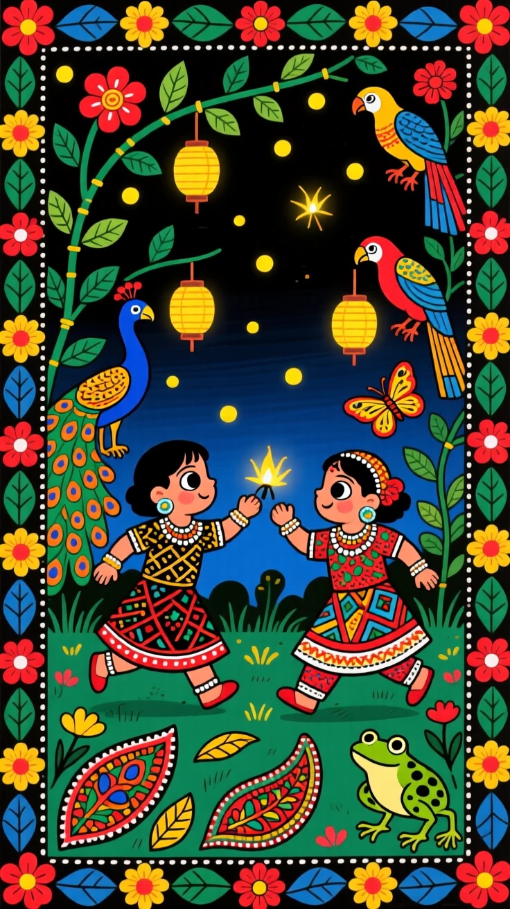 Children chasing fireflies together in a garden at nightfall.