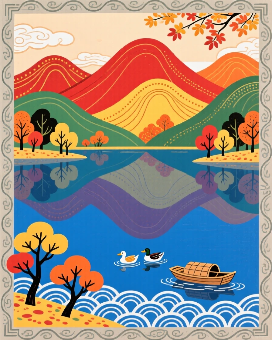 A quiet lake reflecting the mountains, in the deep colors of autumn.