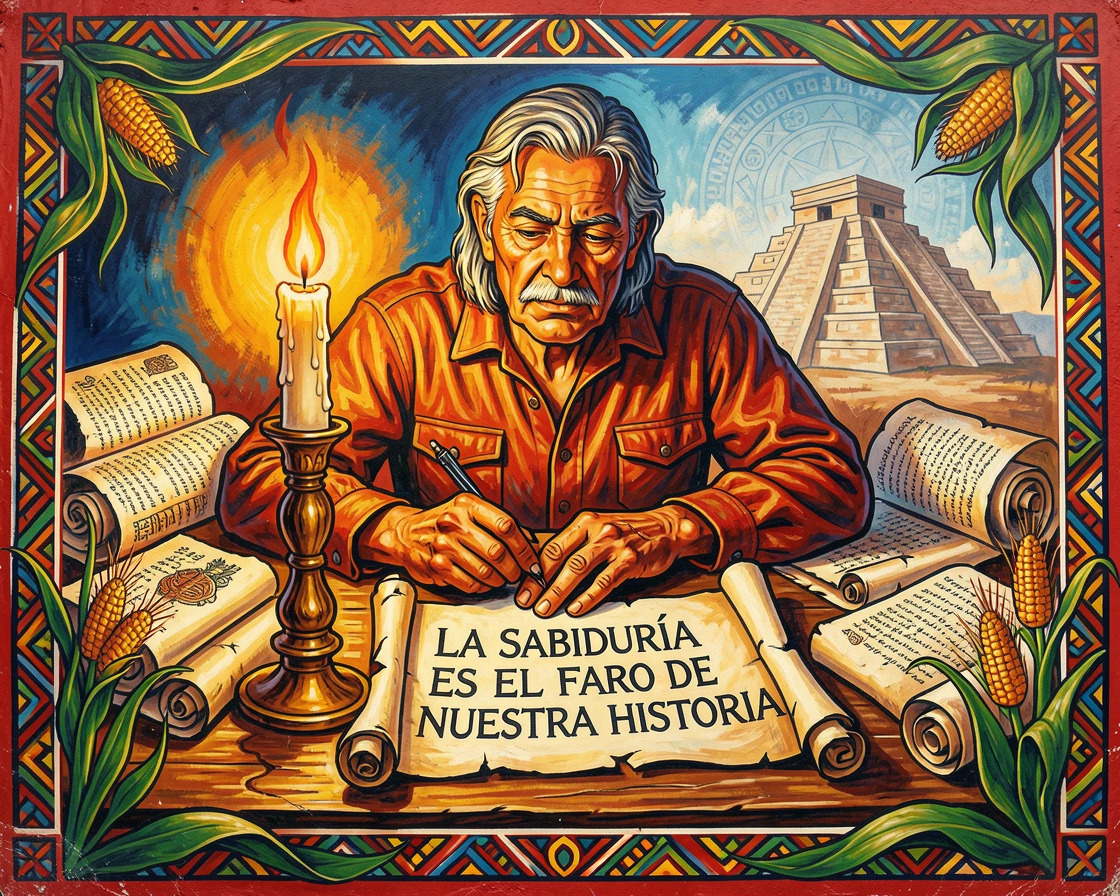 An ancient scholar writing by candlelight surrounded by scrolls