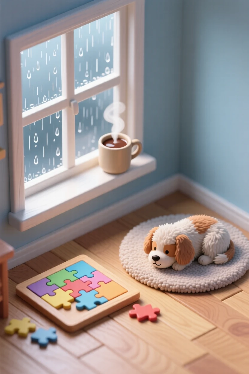 A rainy afternoon spent building a puzzle by the window, a mug of hot chocolate steaming, and a dog curled up on a rug nearby.