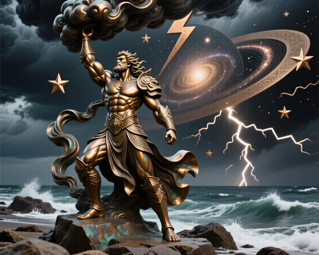 A thunder god summoning storm clouds over the sea, set against a vast celestial backdrop, radiating awe and grandeur