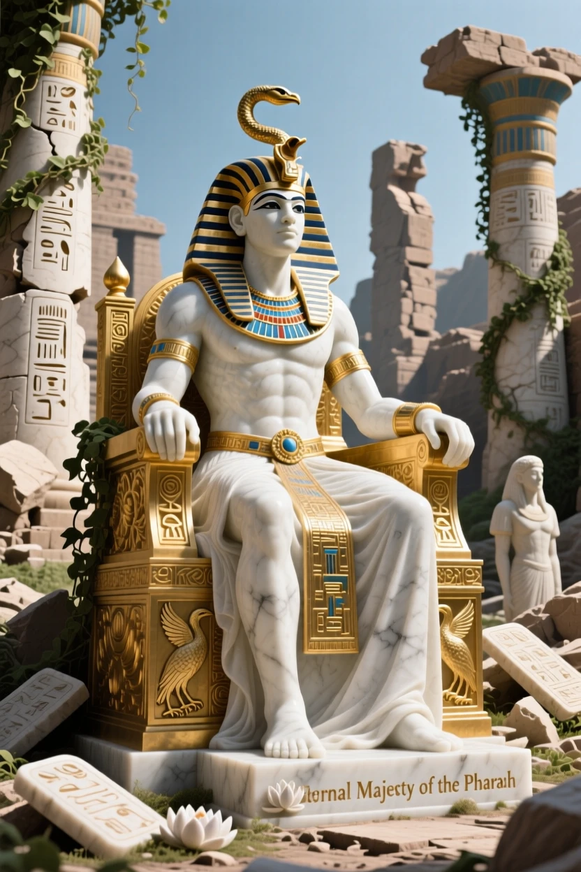 An epic scene of a pharaoh seated upon a golden throne, amid ancient ruins reclaimed by nature, evoking myth and grandeur