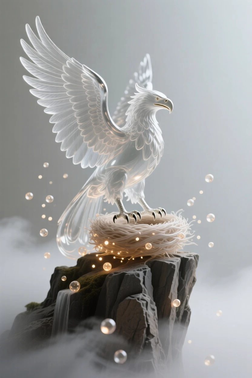 A griffin protecting its nest on a cliffside surrounded by softly glowing particles and gentle mist, wide cinematic composition, radiating magic and serenity.