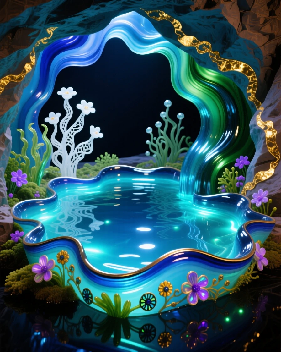 A quiet cave pool glowing with bioluminescent light, magical and mysterious.