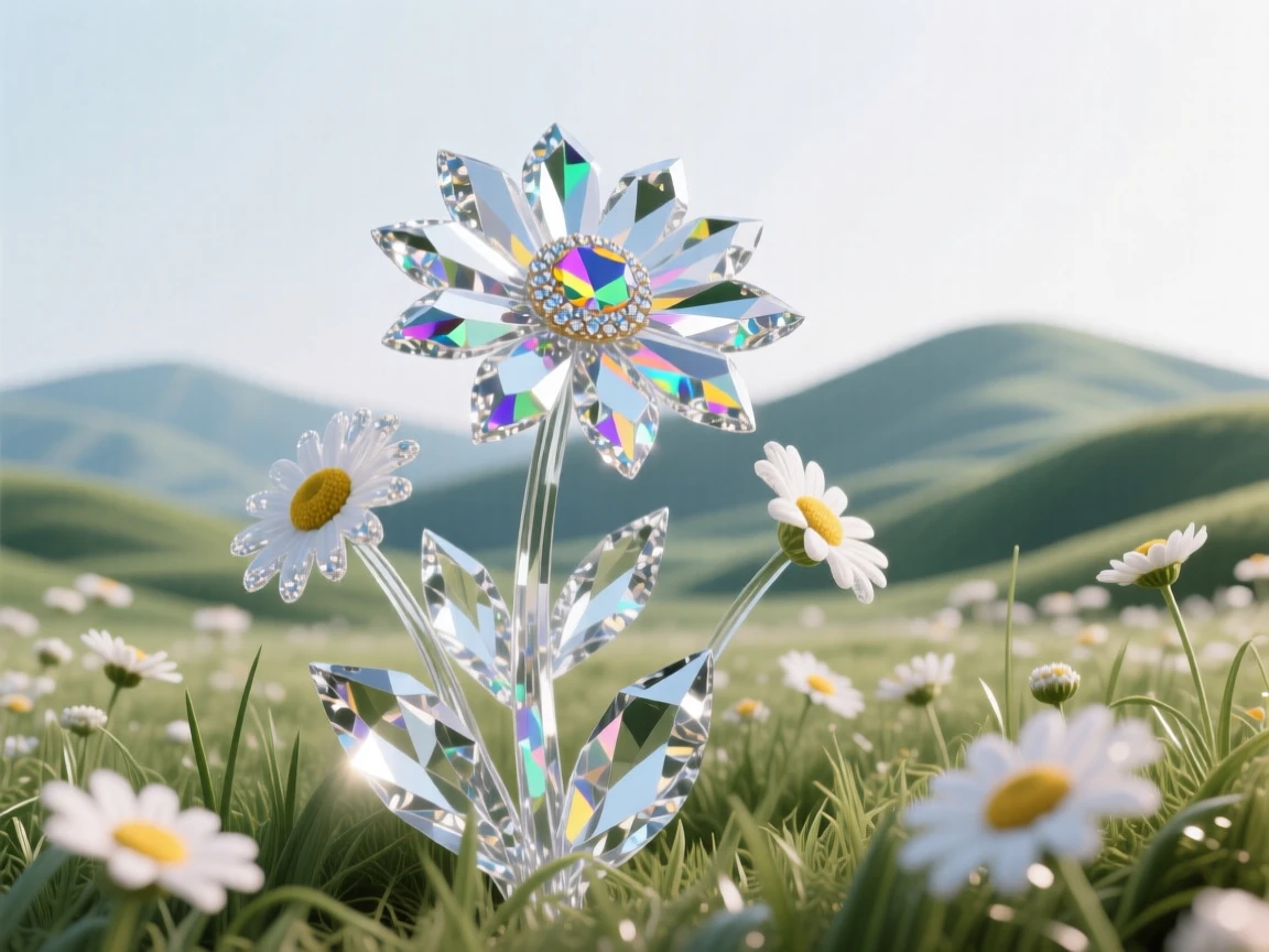 A meadow of wild daisies stretching toward distant rolling hills.