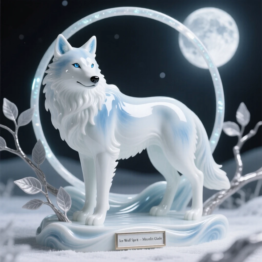 A majestic ice wolf spirit standing in a moonlit glade, radiant light haloing its form.