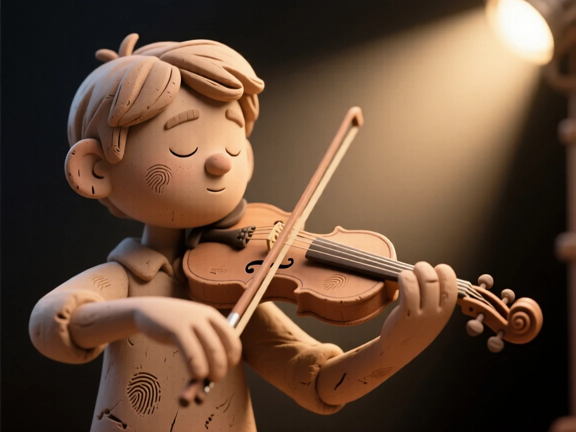 A young musician performing a violin solo under a spotlight