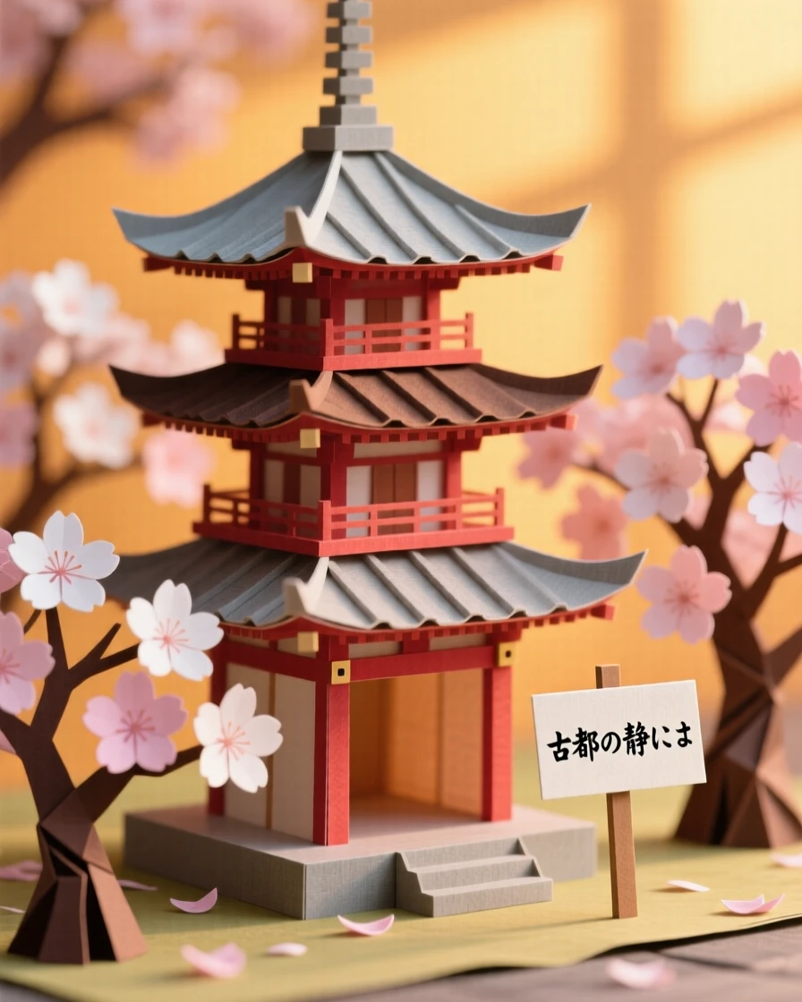 A traditional Japanese pagoda surrounded by blooming cherry blossom trees, its tiered roofs catching soft afternoon light, evoking serene cultural heritage.