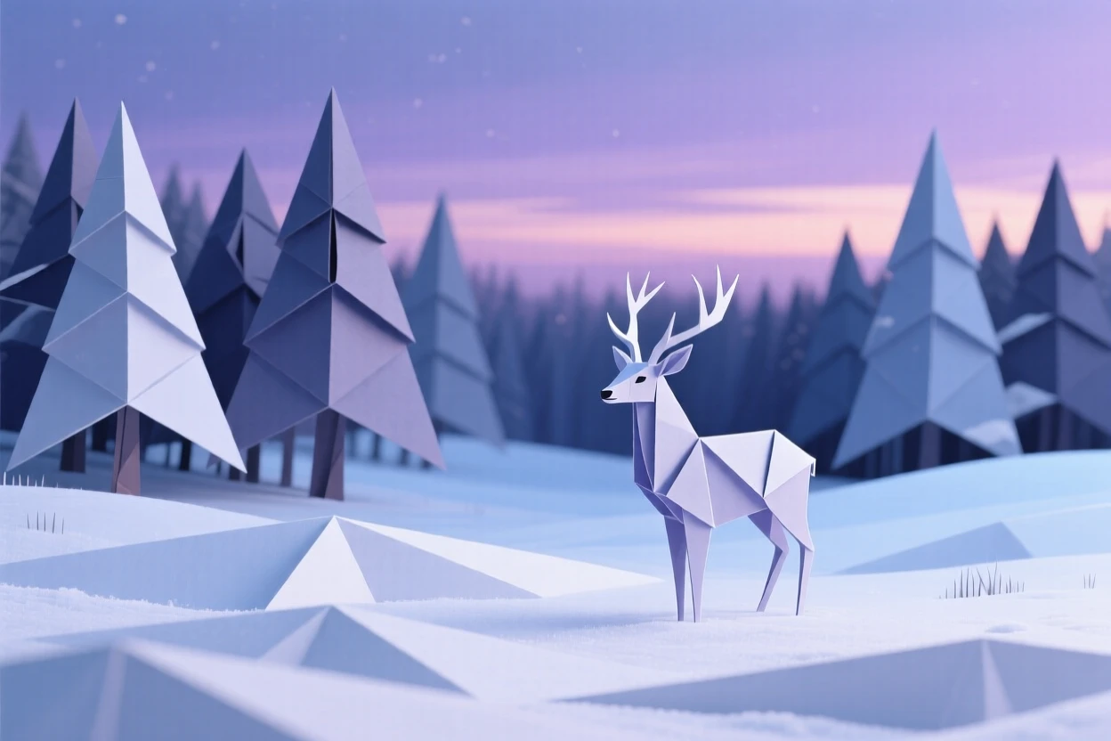 A quiet snowy meadow at twilight, a lone deer standing at the edge of the tree line.