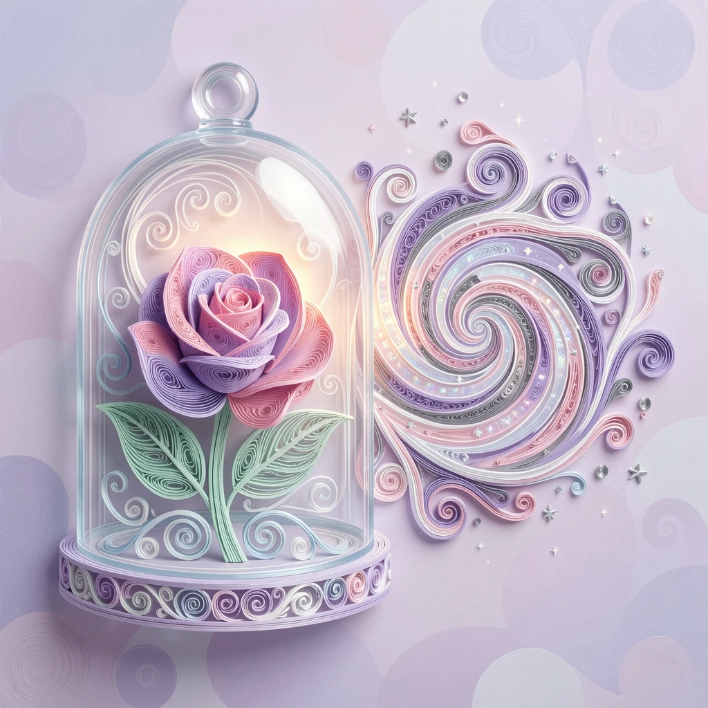 A magical fantasy scene of an enchanted rose glowing beneath a bell jar beside a shimmering portal of swirling light, in dreamy pastel tones of lavender and rose, shown in a grand, awe-inspiring wide composition.
