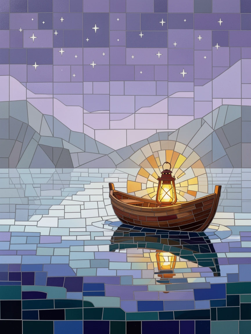 A lone lantern-lit boat crossing a misty enchanted lake, rendered with dramatic magical lighting and rich atmospheric detail.