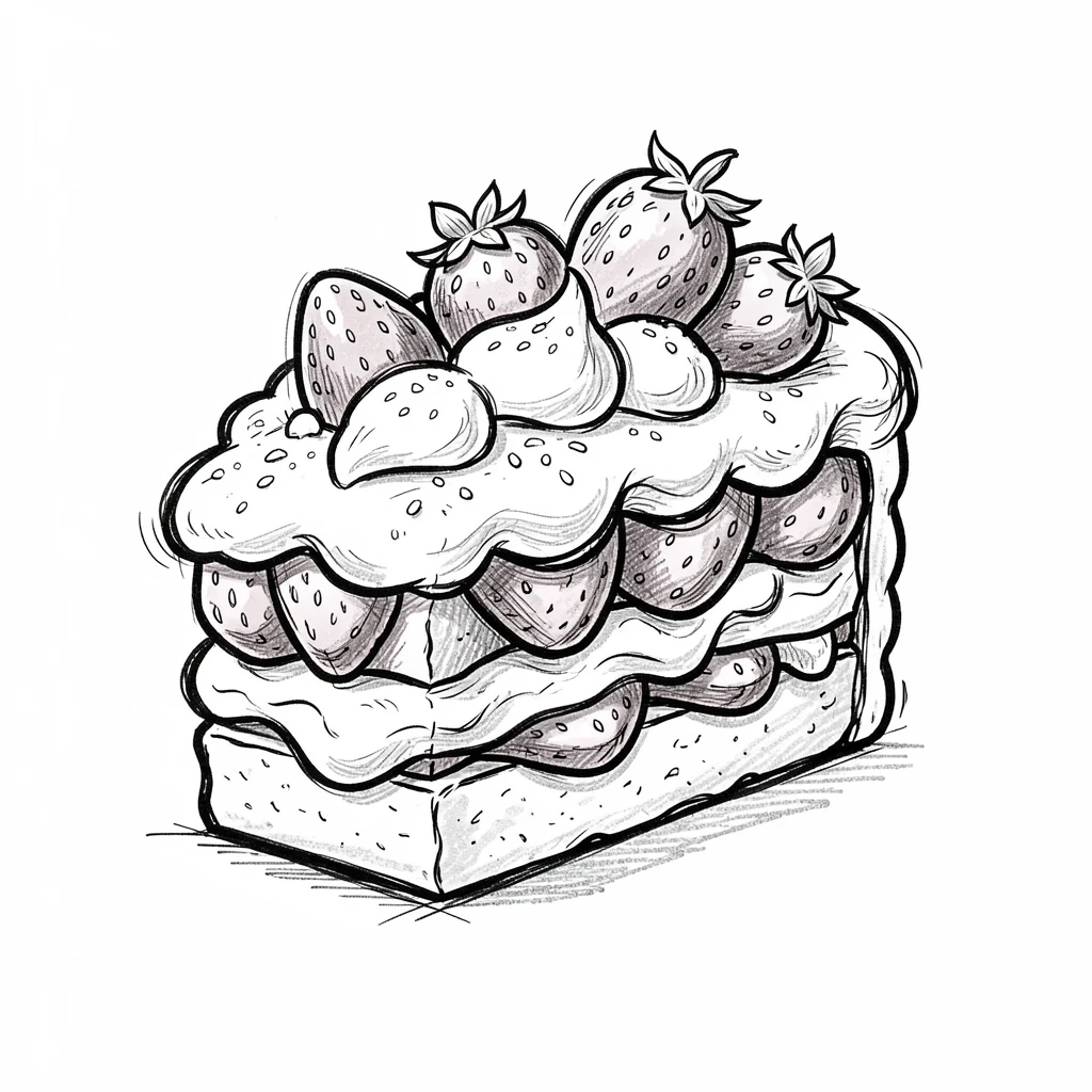 A slice of strawberry shortcake dusted with powdered sugar.
