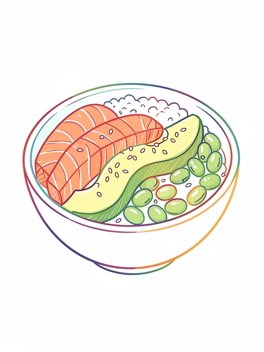 A colorful poke bowl with salmon, avocado, edamame, and sesame seeds.