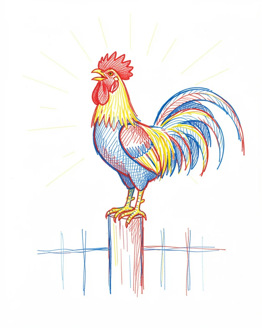 A colorful rooster crowing atop a fence post at sunrise