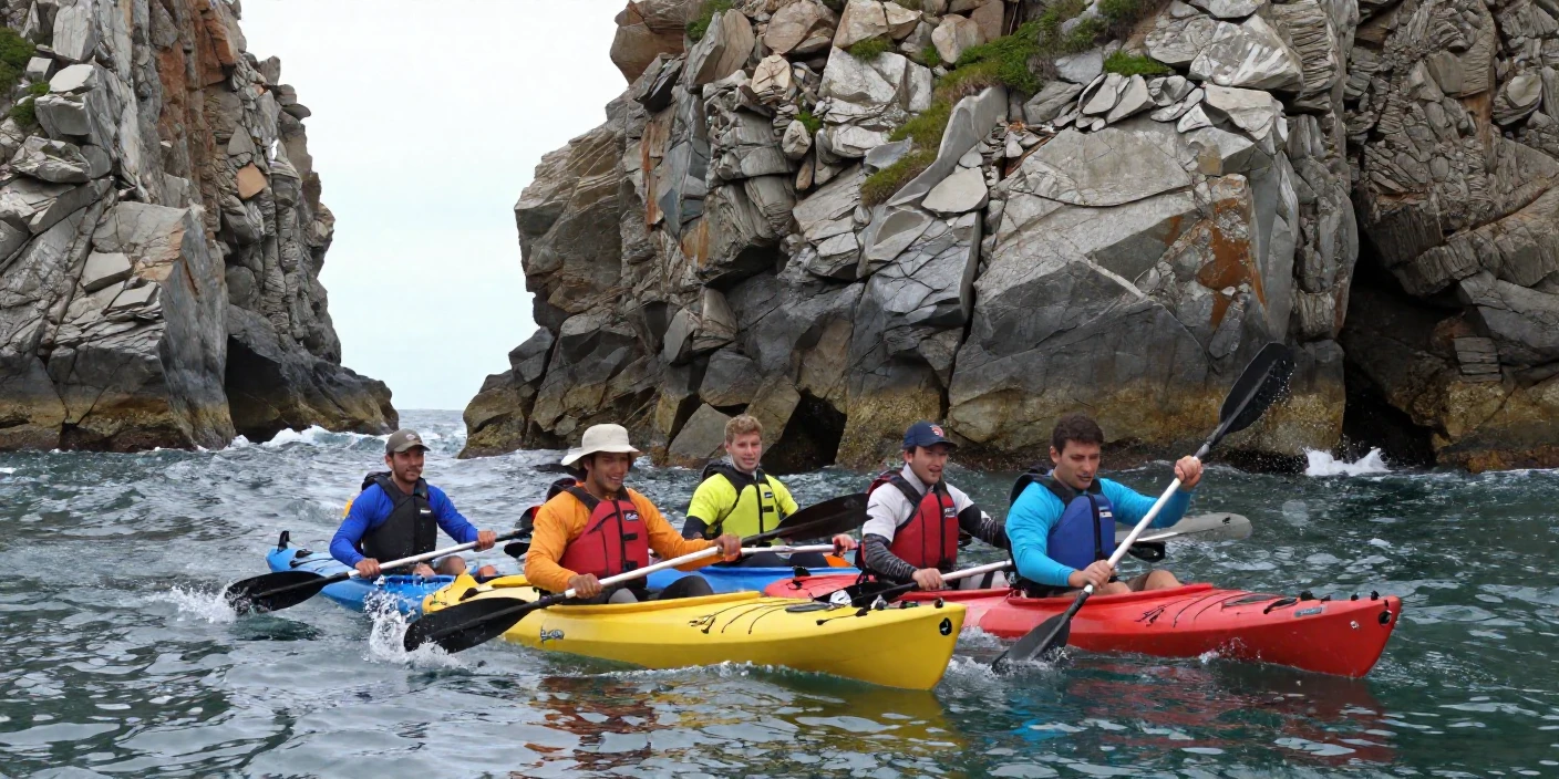 A group of kayakers paddles beneath towering sea stacks along a rugged coastline.