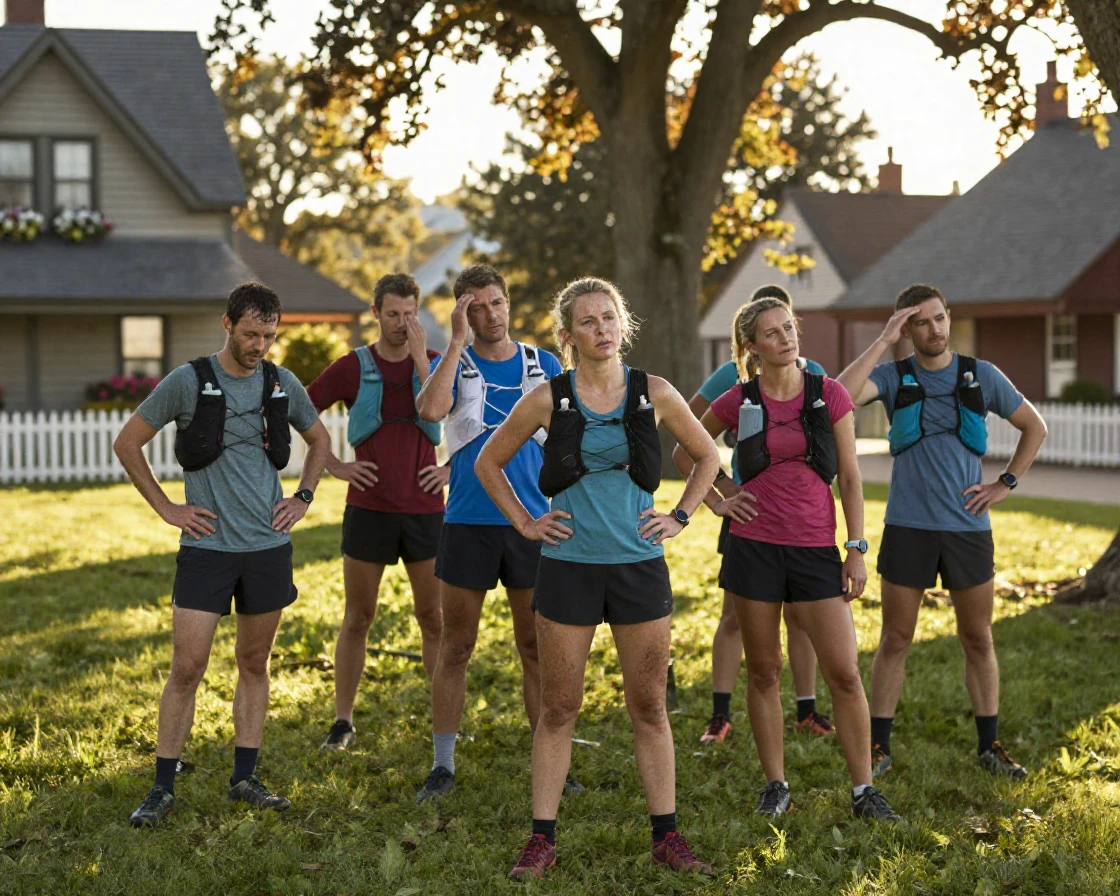 A group of trail runners pausing to catch their breath after a long effort on a quiet village green