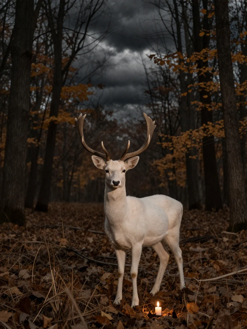 A rare albino deer standing silently at a forest's edge, under flickering candlelight, under a darkening storm sky, in late autumn, with a soft sepia-tinted glow, framed symmetrically down a long corridor.